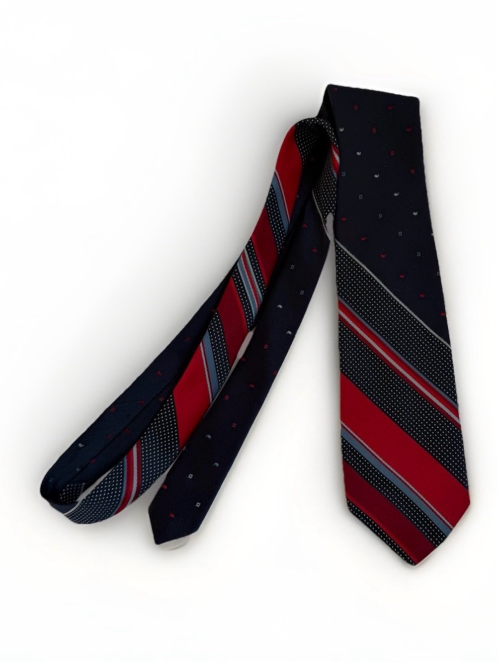 Vintage Golden Clasp Prince Consort Tie Navy Red Stripe Polka Dot Built in Clip